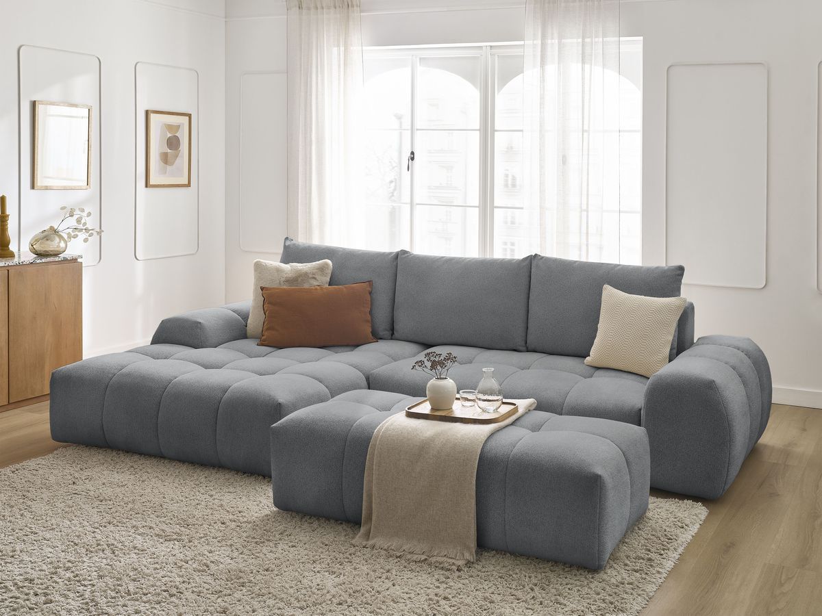Bobochic Everest Ecksofa mit Schlaffunktion und Bettkasten und Pouf 318 × 180 cm, 3 Kissen Melange-Stoff Dunkelgrau Ecke links