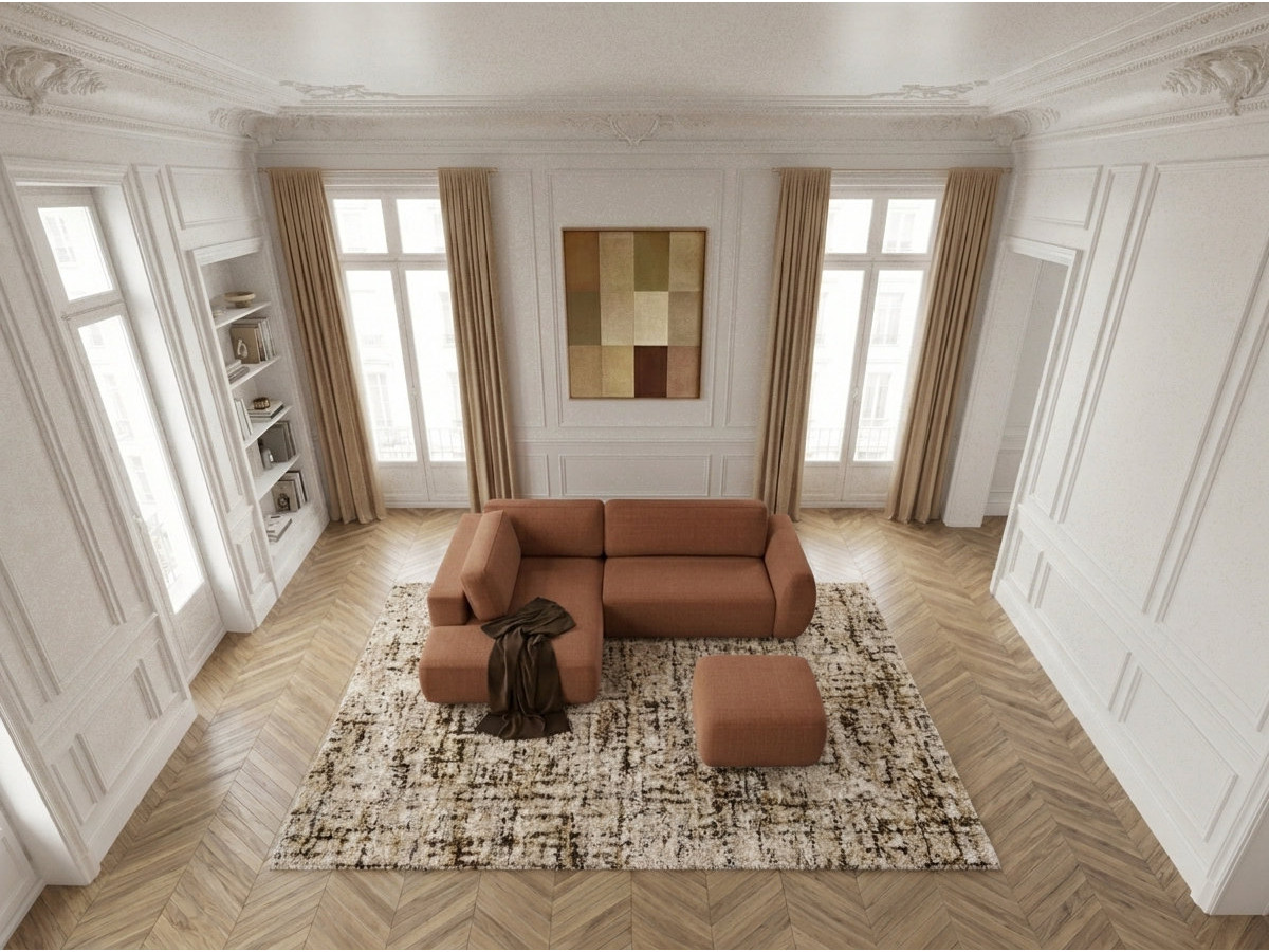 Bobochic Denise Ecksofa mit Schlaffunktion und Bettkasten und Pouf 256 × 197 cm Strukturstoff Orange Ecke links