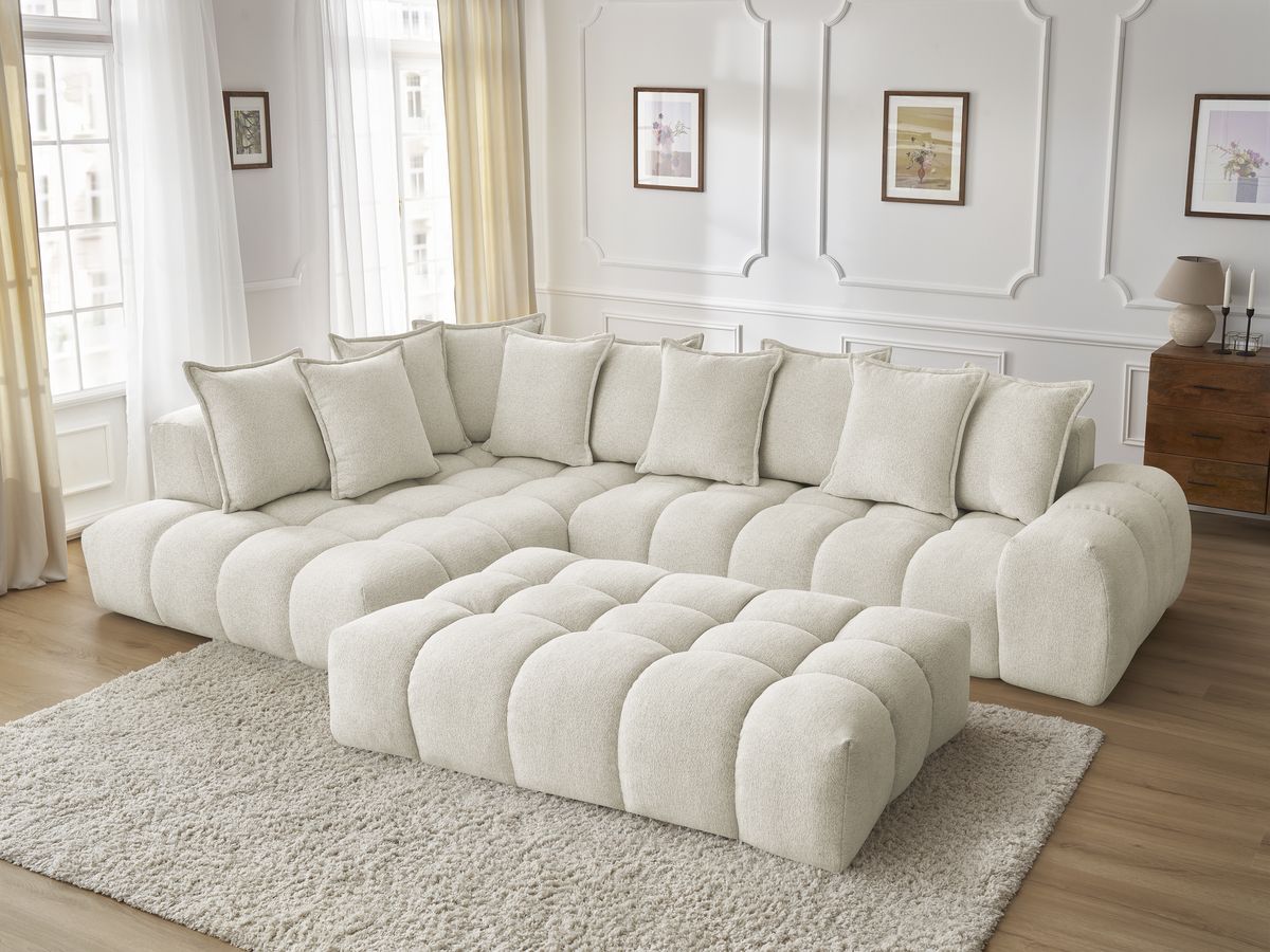 Bobochic Everest Ecksofa mit Schlaffunktion und Pouf, 10 Kissen Melange-Stoff Weiß Ecke links