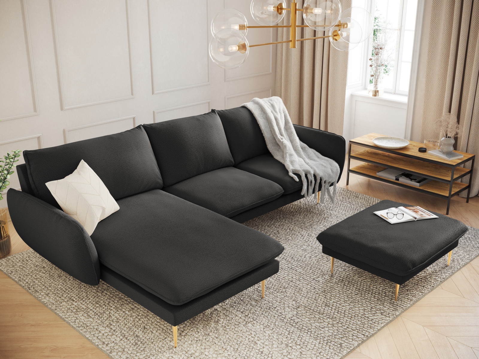 Cosmopolitan Design Ecksofa Vienna 5-Sitzer Boucle Ascot Schwarz Links Beine Gold