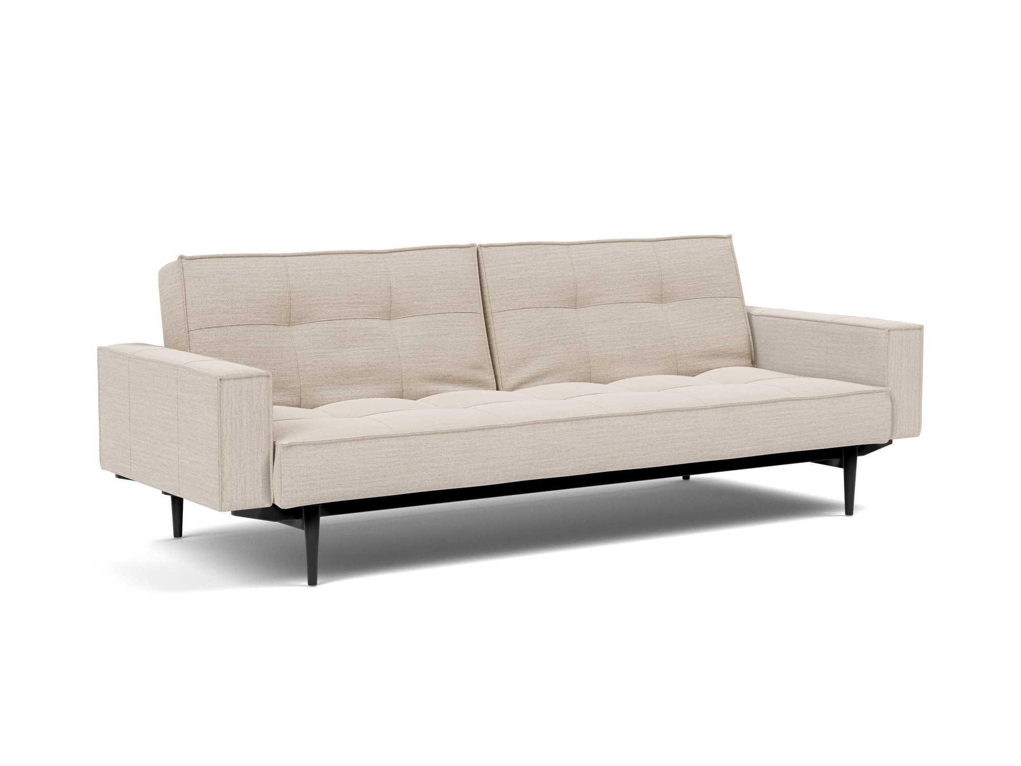 Schlafsofa Splitback mit Armlehnen Webstoff Blida 612-Sand-Grey Beine Styletto Eiche schwarz