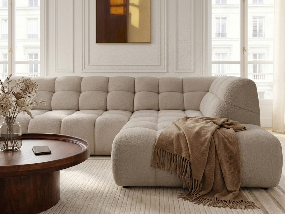 Bobochic Andre Ecksofa mit Schlaffunktion Chenille Beige Ecke rechts