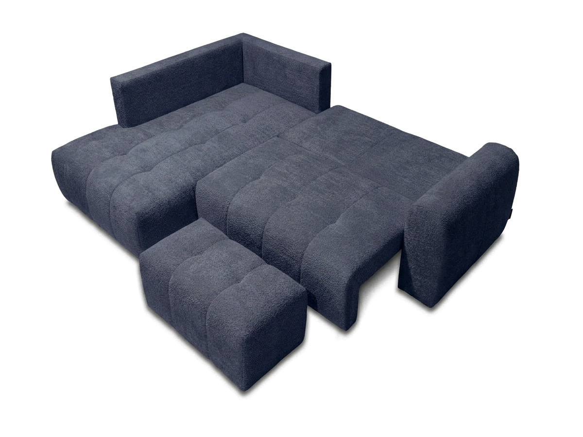 Bobochic Roxelane Ecksofa mit Schlaffunktion und Bettkasten und Pouf Bouclé-Stoff Dunkelblau Ecke links