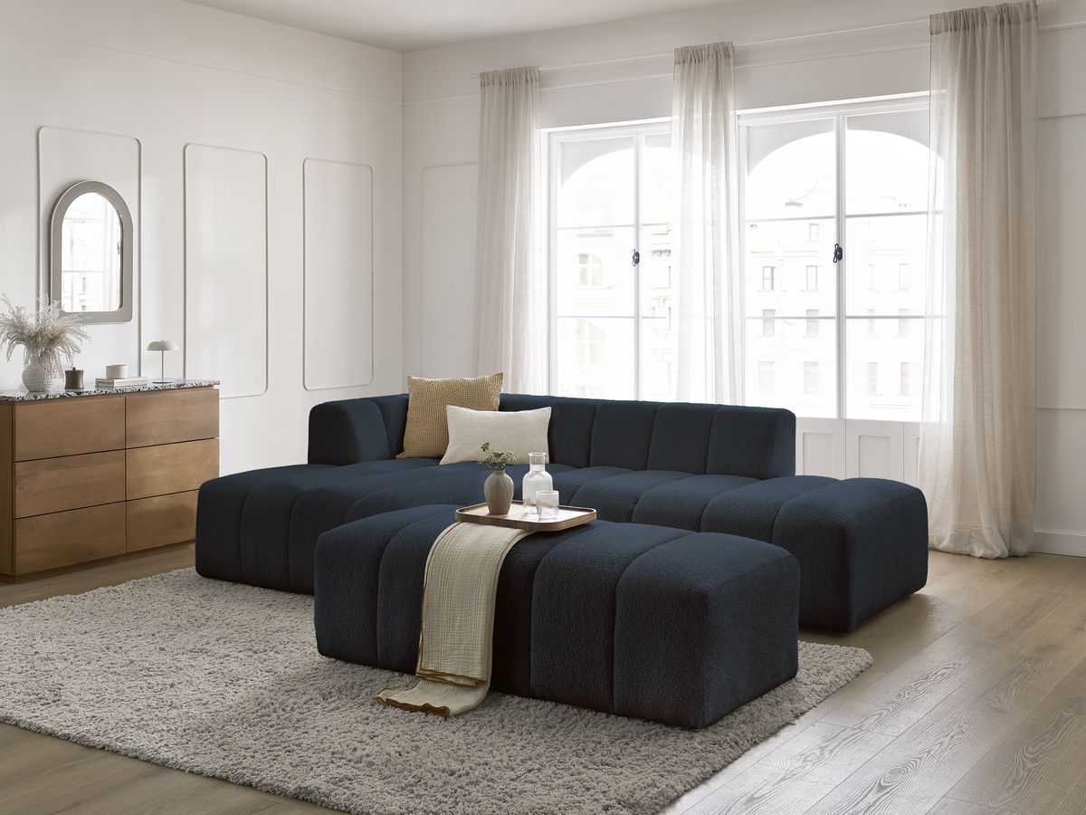 Bobochic Annecy Ecksofa mit Pouf Bouclé-Stoff Dunkelblau Ecke links