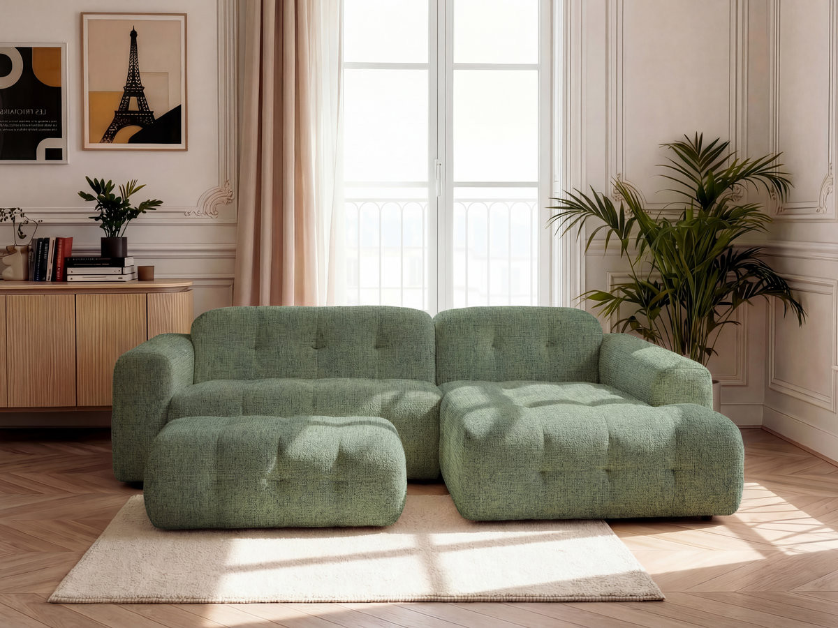Bobochic Laura Ecksofa mit großem Pouf Melange-Stoff Hellgrün Ecke rechts