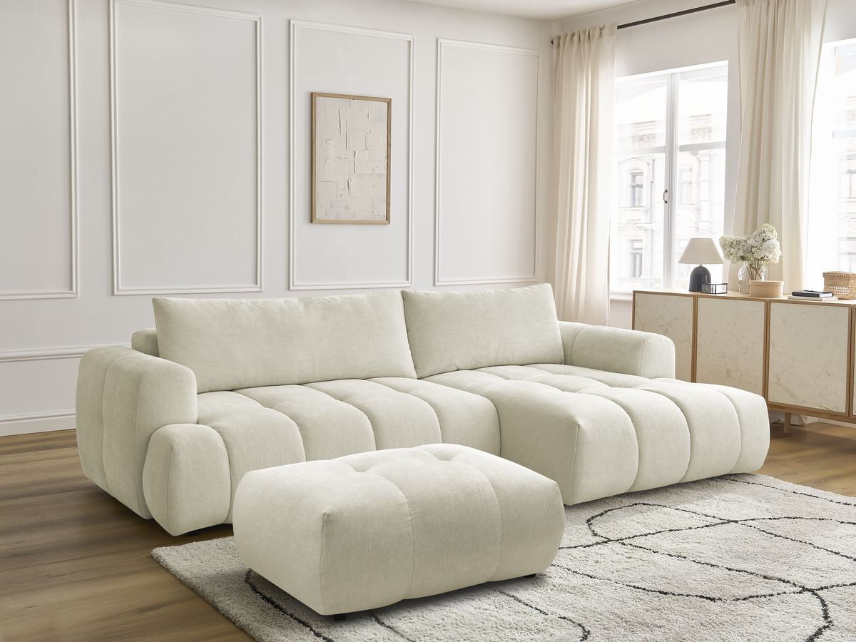 Bobochic Fuji Ecksofa mit Schlaffunktion und Bettkasten und Pouf 292 × 160 cm Stoff Beige Ecke rechts
