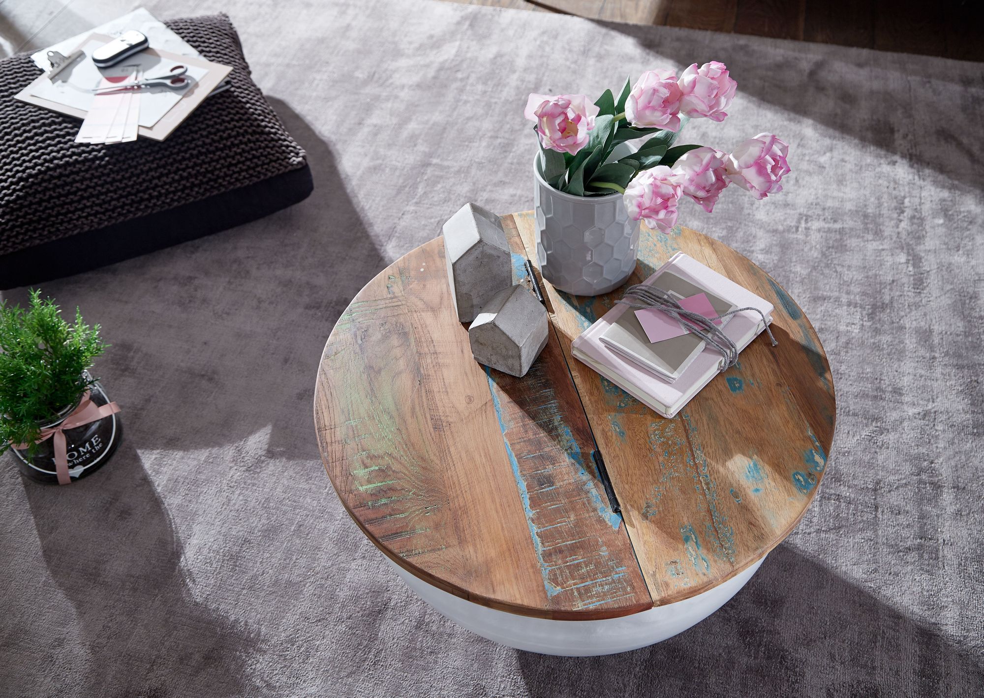 Couchtisch Selatrad Mango Massivholz Weiß Ø 60 cm