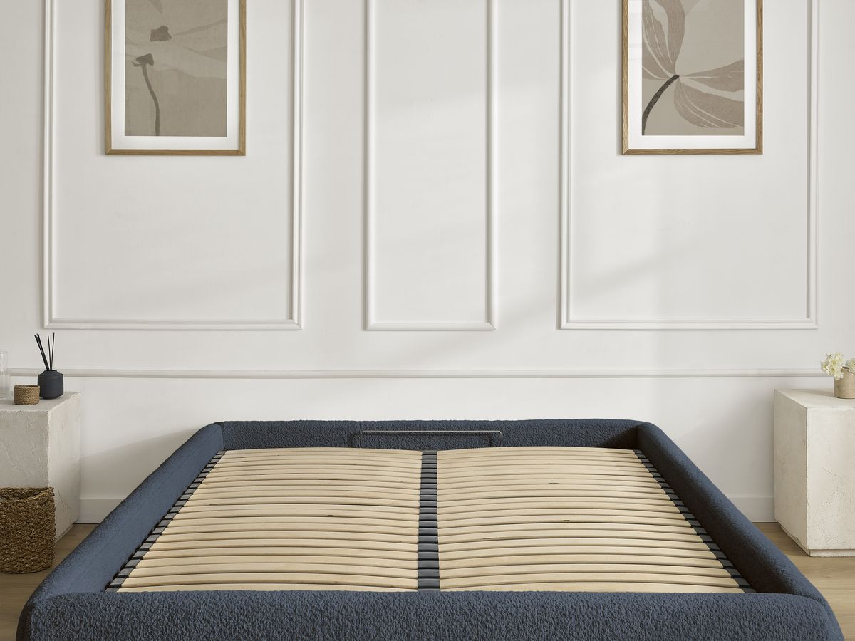 Bobochic Inera Bettgestell mit Bettkasten, ohne Kopfteil Bouclé-Stoff Blau, Liegefläche 140 × 190 cm