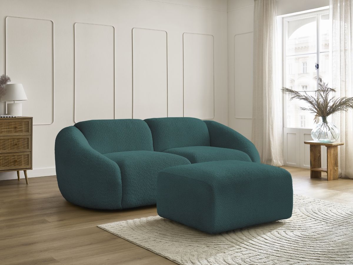 Bobochic Tina Sofa 3-Sitzer mit Pouf Bouclé-Stoff Hellblau