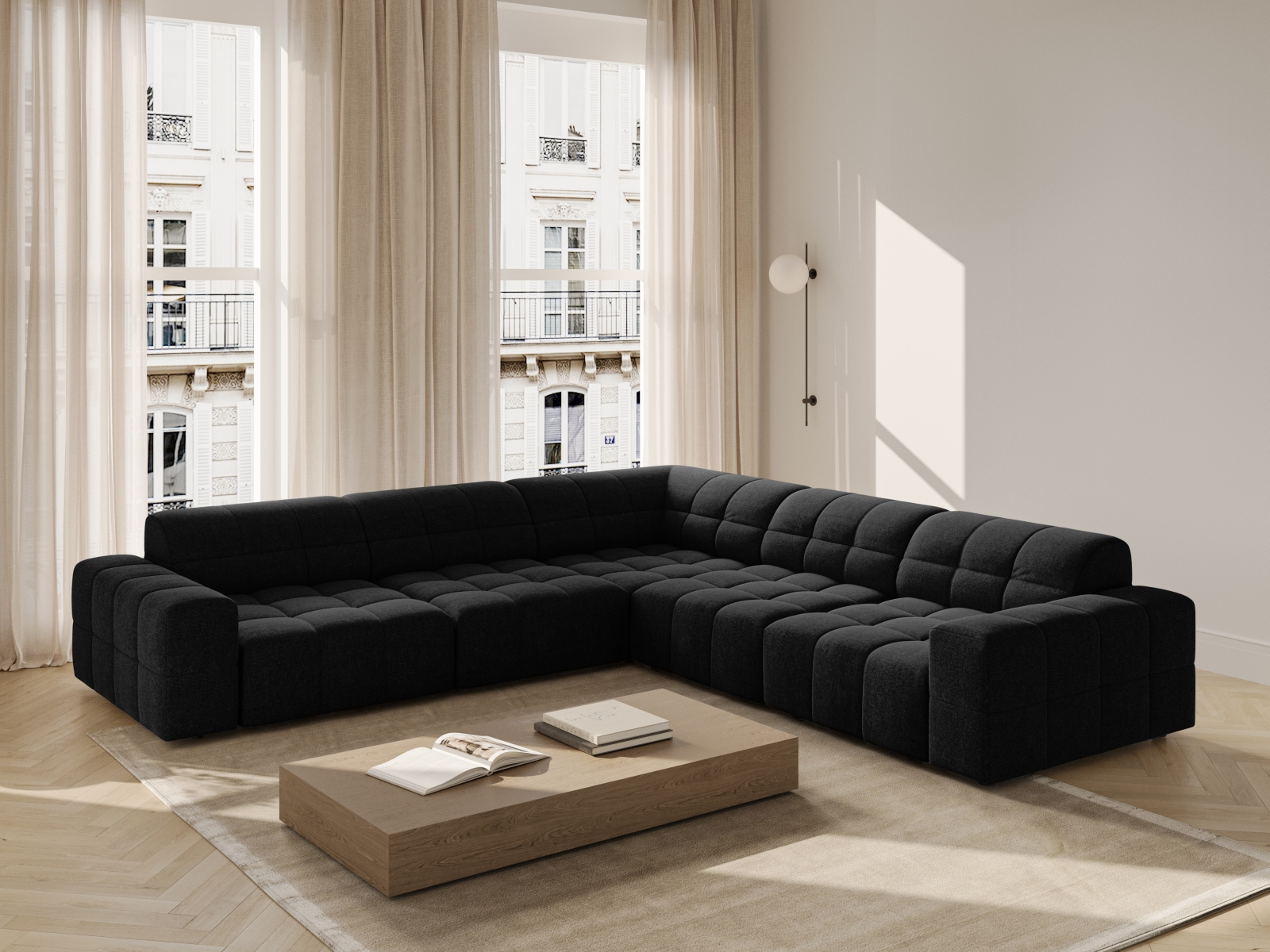 Cosmopolitan Design Symmetrisches Ecksofa Chicago 4-Sitzer Chenille Haga Schwarz