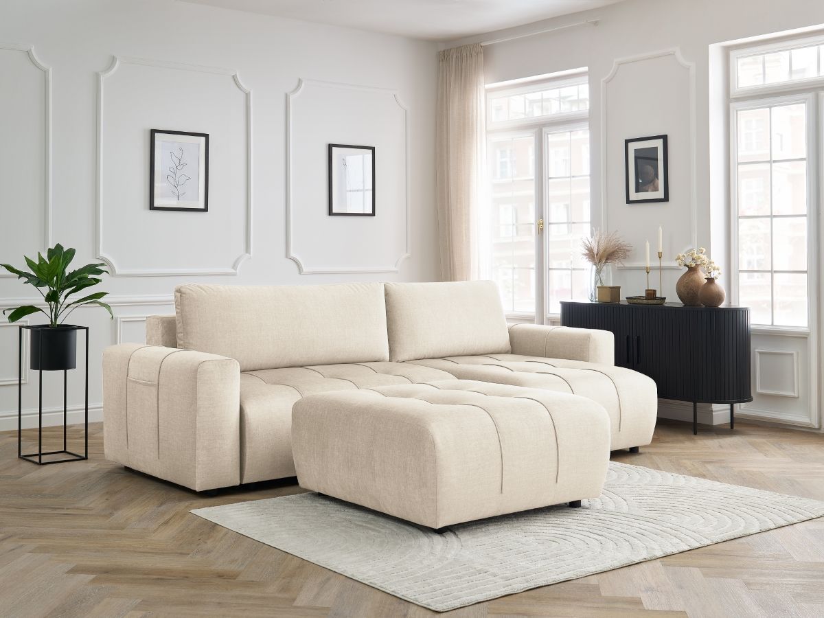 Bobochic Arsene Ecksofa mit Schlaffunktion und Bettkasten und Pouf 288 × 148 cm Samt Beige