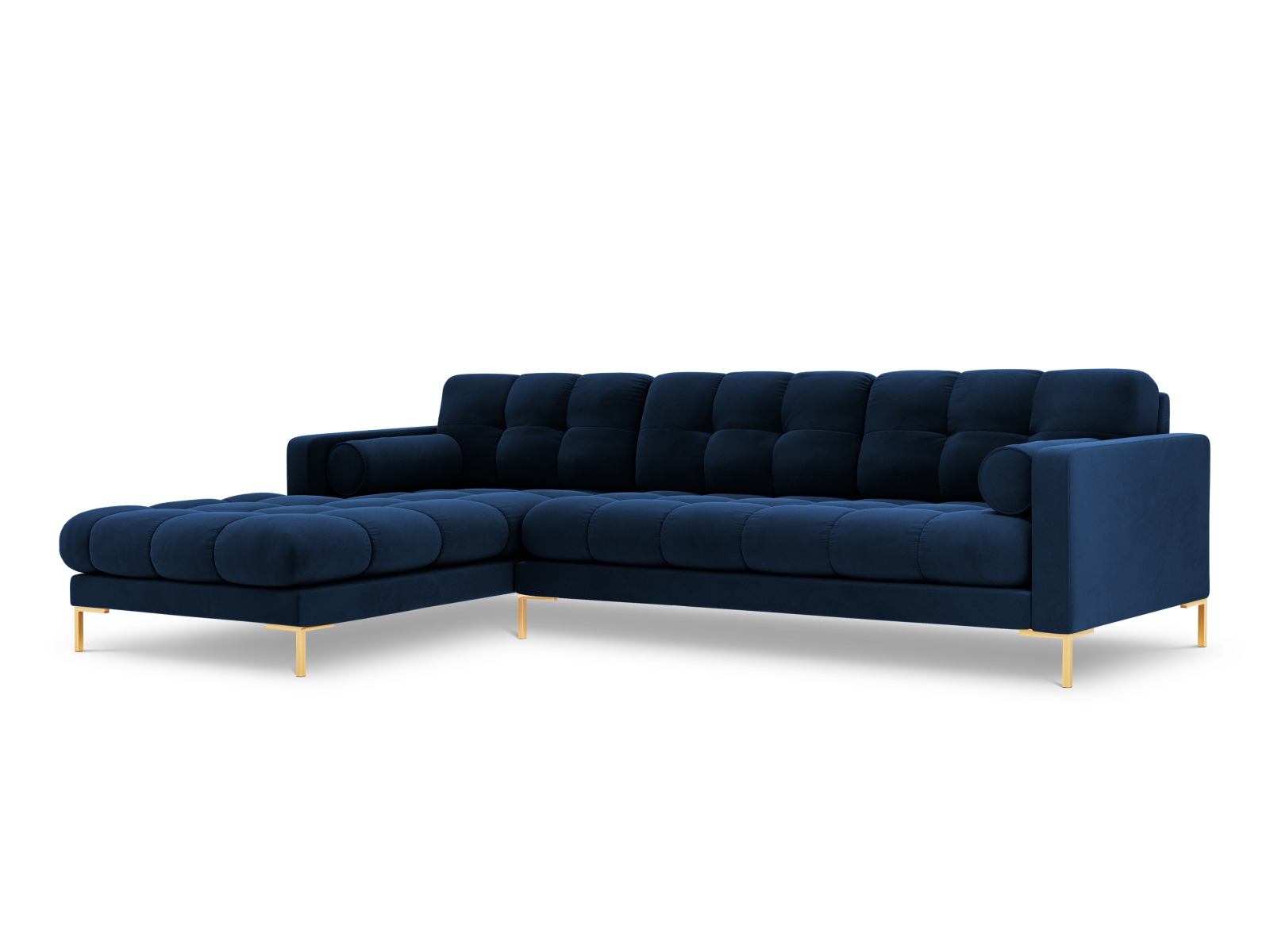 Cosmopolitan Design Ecksofa Bali 5-Sitzer Samt Bluvel Königsblau Links Beine Gold