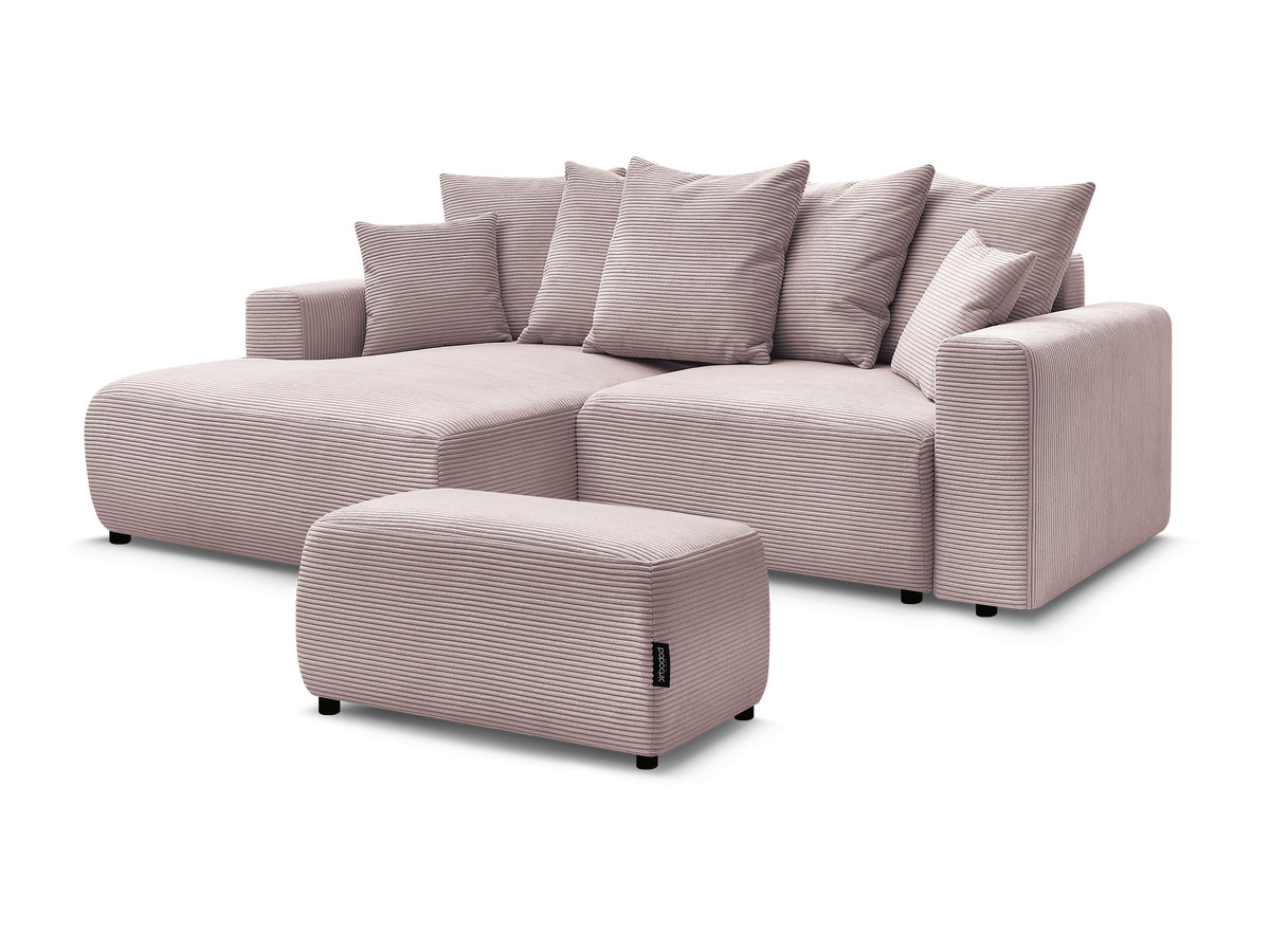Bobochic Atilla Ecksofa mit Schlaffunktion und Bettkasten und Pouf Cordsamt Violett Ecke links
