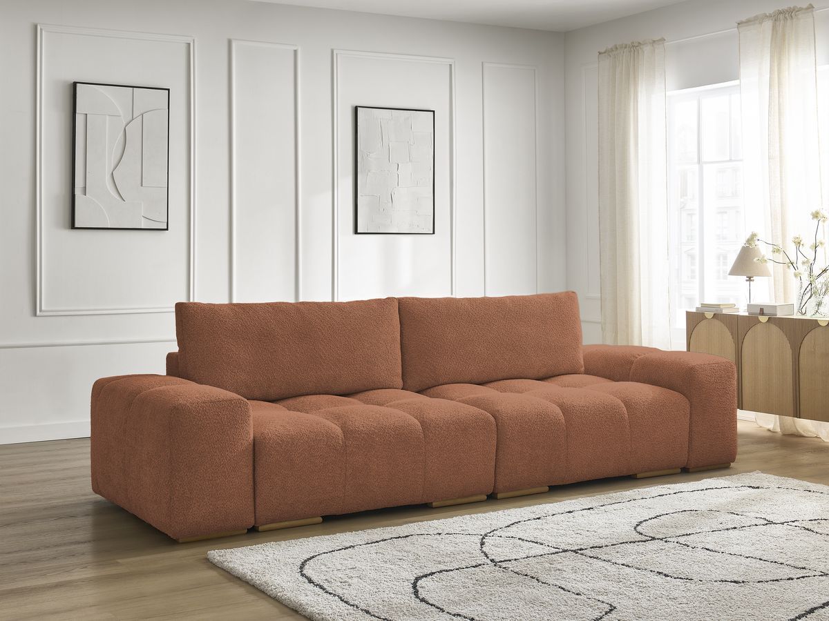 Bobochic Anakin Schlafsofa 3-Sitzer mit Bettkasten, 2 Kissen Bouclé-Stoff Orange