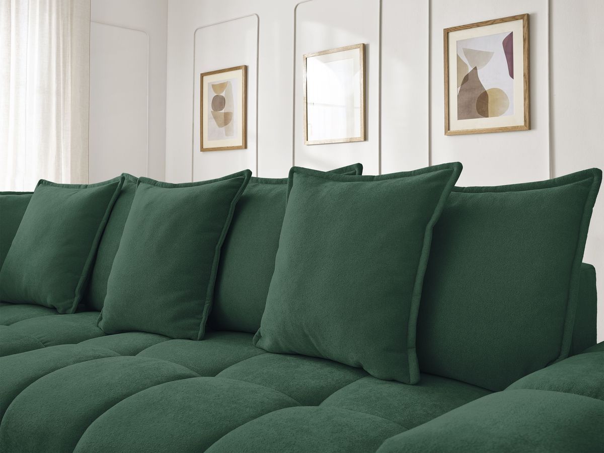 Bobochic Everest Ecksofa mit Schlaffunktion und Bettkasten 320 × 212 cm, 10 Kissen Strukturstoff Grün Ecke links