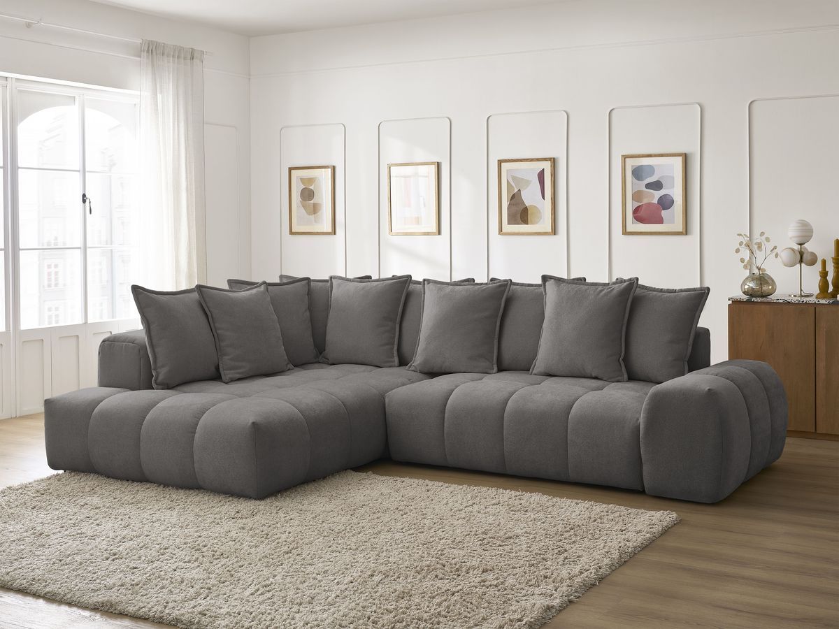Bobochic Everest Ecksofa mit Schlaffunktion und Bettkasten 320 × 212 cm, 10 Kissen Strukturstoff Dunkelgrau Ecke links
