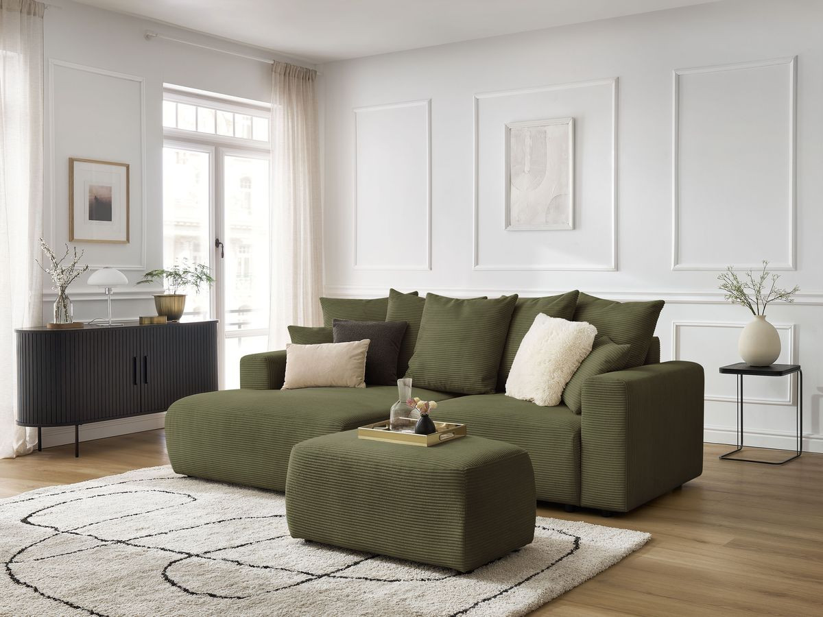 Bobochic Atilla Ecksofa mit Schlaffunktion und Bettkasten und Pouf Cordsamt Hellgrün Ecke links