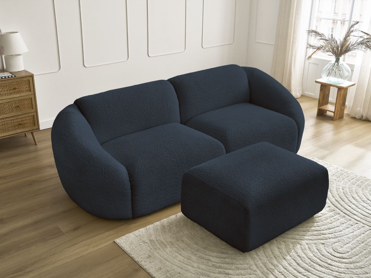 Bobochic Tina Sofa 4-Sitzer mit Pouf Bouclé-Stoff Dunkelblau