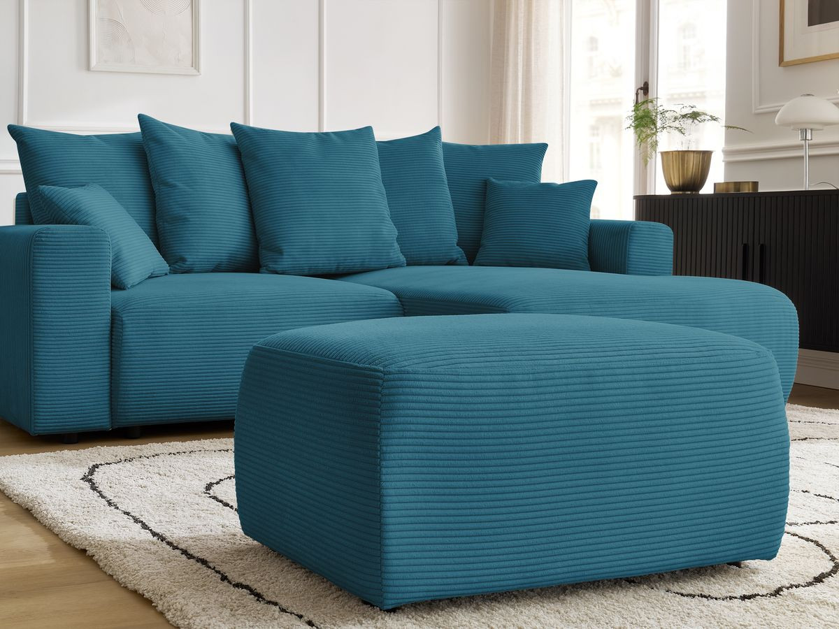 Bobochic Atilla Ecksofa mit Schlaffunktion und Bettkasten und Pouf Cordsamt Hellblau Ecke rechts