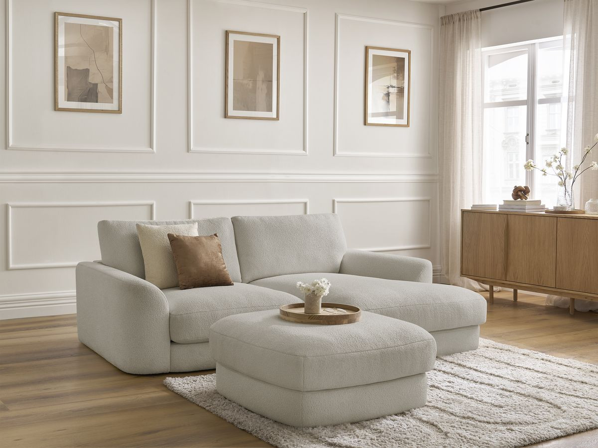 Bobochic Leonore Ecksofa mit Pouf Bouclé-Stoff Taupe Ecke rechts