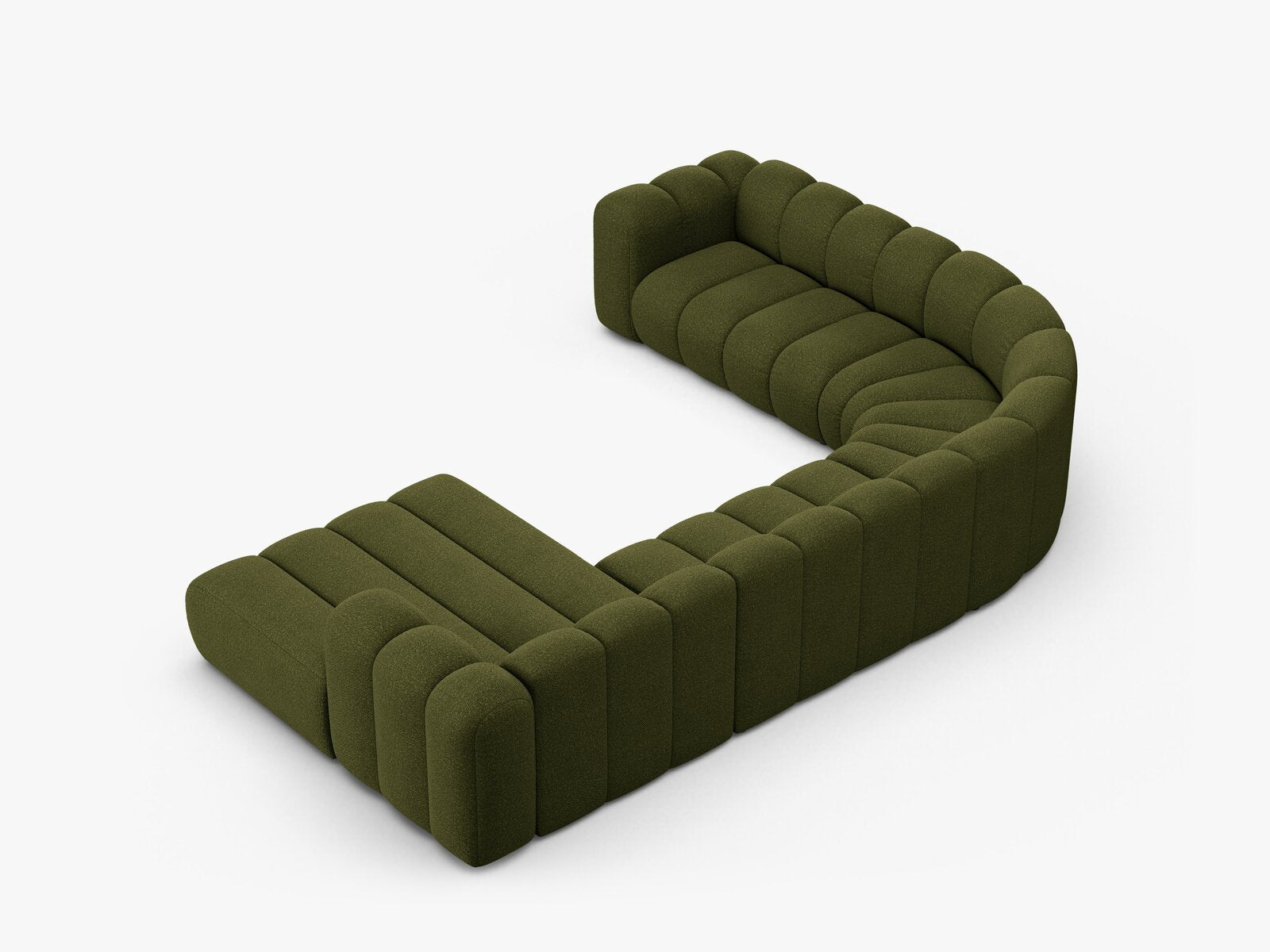 Micadoni Modulares Panorama Ecksofa Lupine 6-Sitzer Links Boucle Baloo Dunkel-Olivgrün
