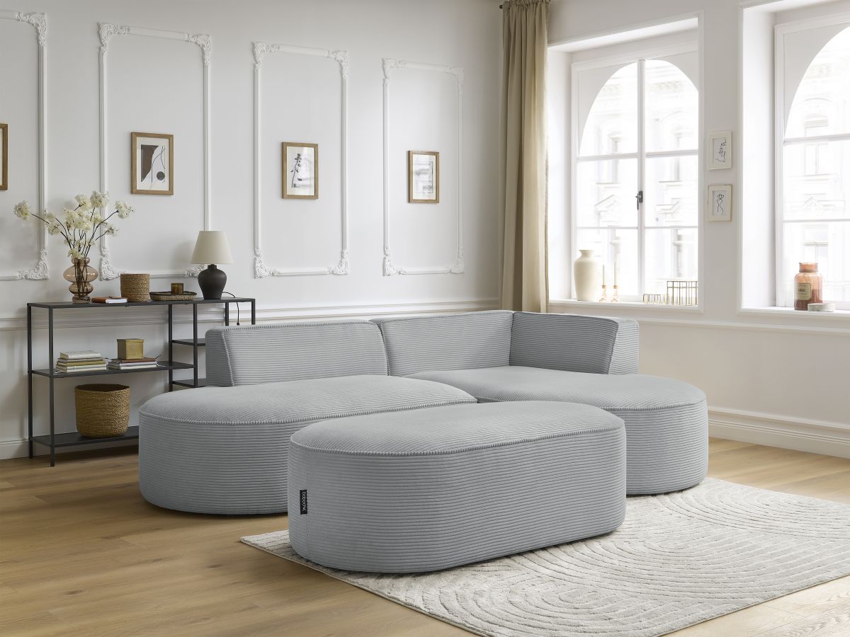 Bobochic Rousseau Ecksofa mit Pouf Cordsamt Hellgrau Ecke rechts