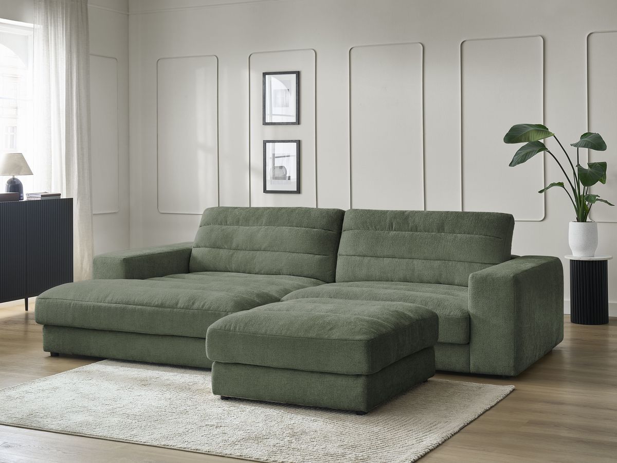 Bobochic Sierra Ecksofa mit Pouf Strukturstoff Dunkelgrün Ecke links