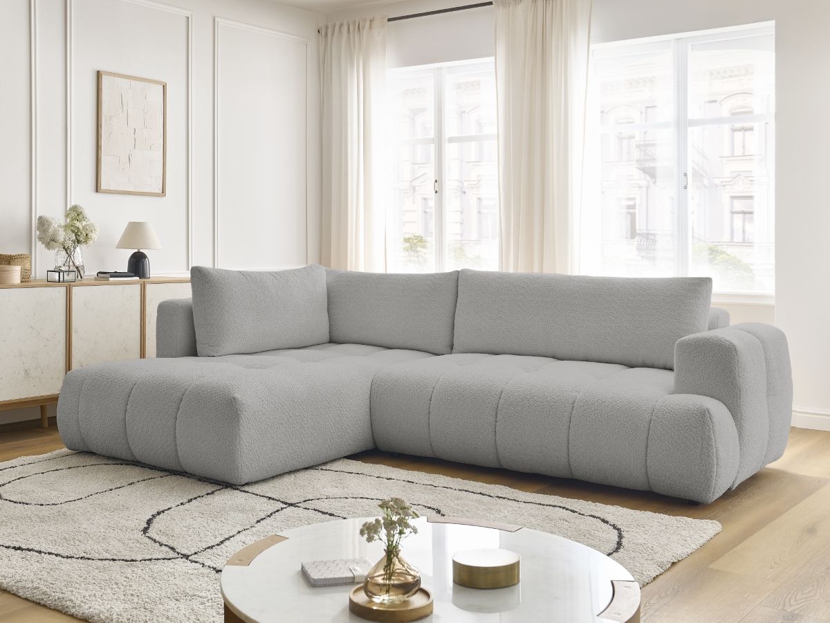 Bobochic Fuji Ecksofa mit Schlaffunktion und Bettkasten 282 × 204 cm Bouclé-Stoff Hellgrau Ecke links