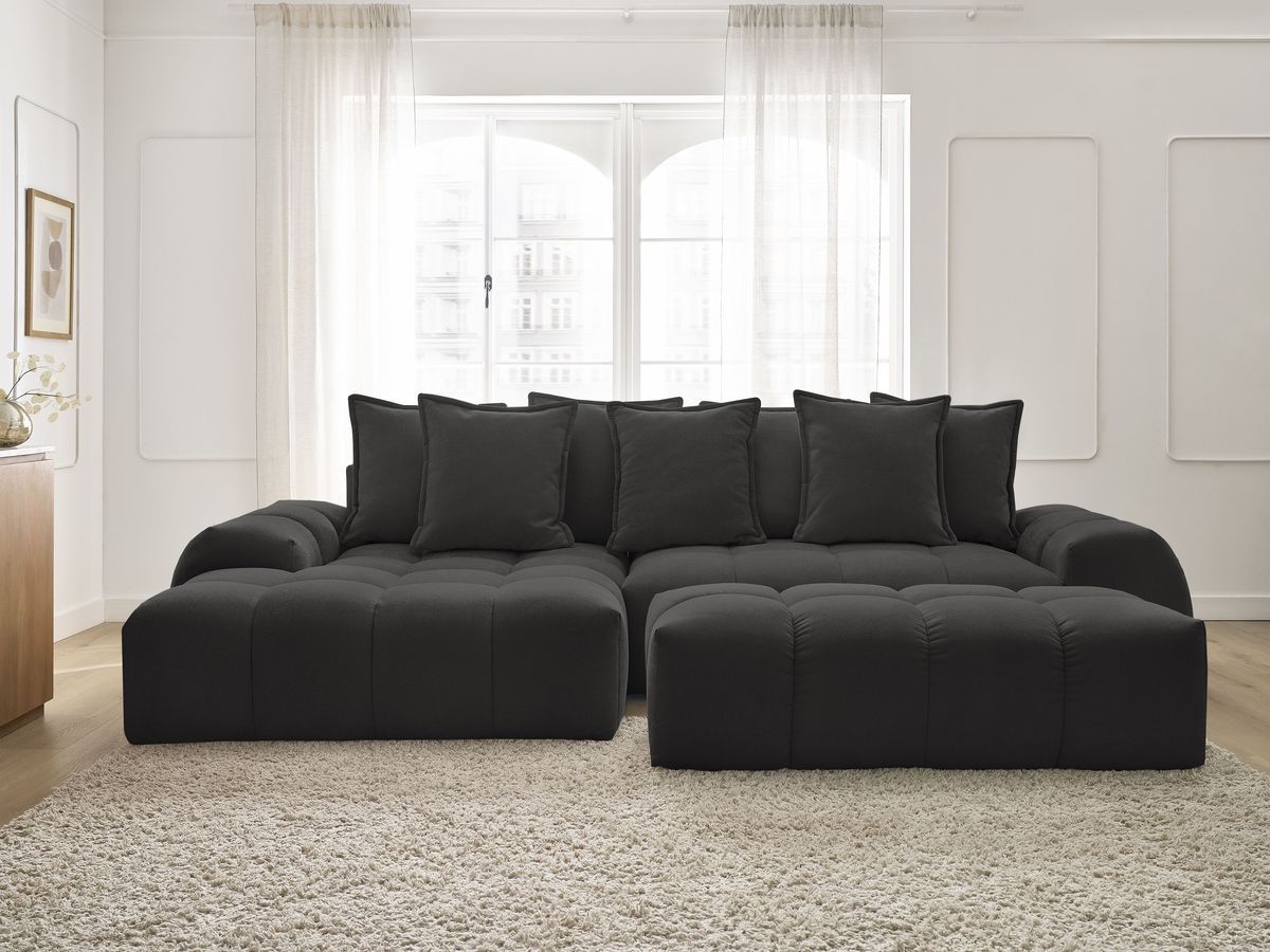Bobochic Everest Ecksofa mit Schlaffunktion und Bettkasten und Pouf 318 × 180 cm, 7 Kissen Strukturstoff Schwarz Ecke links