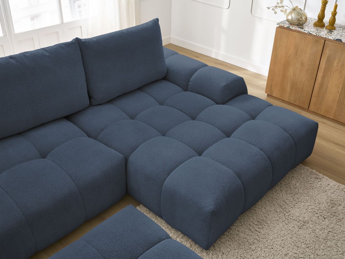 Bobochic Everest Ecksofa mit Schlaffunktion und Bettkasten und Pouf 318 × 180 cm, 3 Kissen Melange-Stoff Dunkelblau Ecke rechts