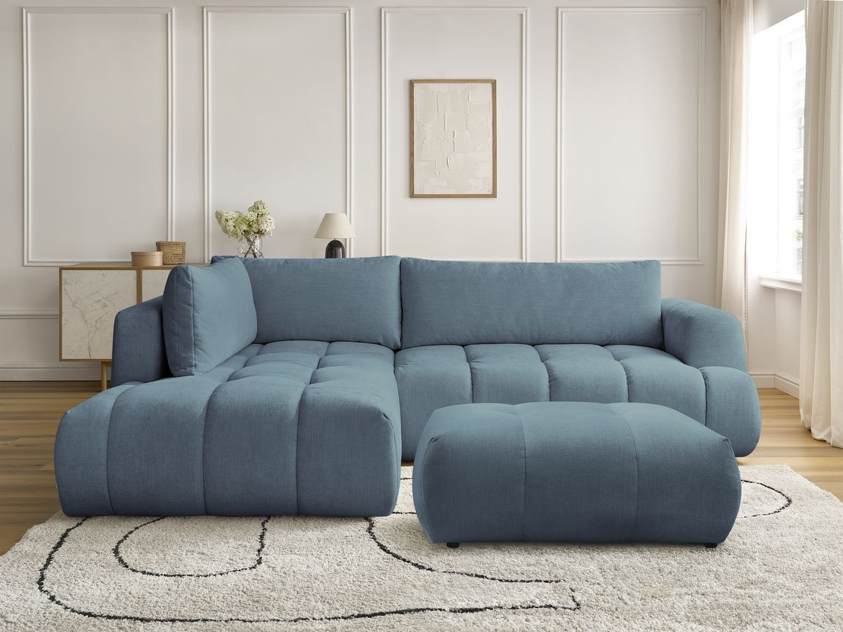 Bobochic Fuji Ecksofa mit Schlaffunktion und Bettkasten und Pouf 282 × 204 cm Stoff Hellblau Ecke links