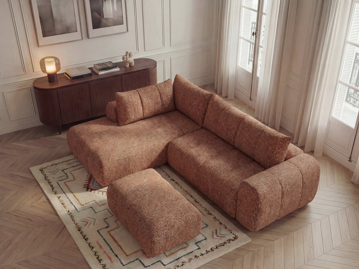 Bobochic Nesty Ecksofa in L-Form, 256 cm, mit Pouf Melange-Stoff Orange Ecke links