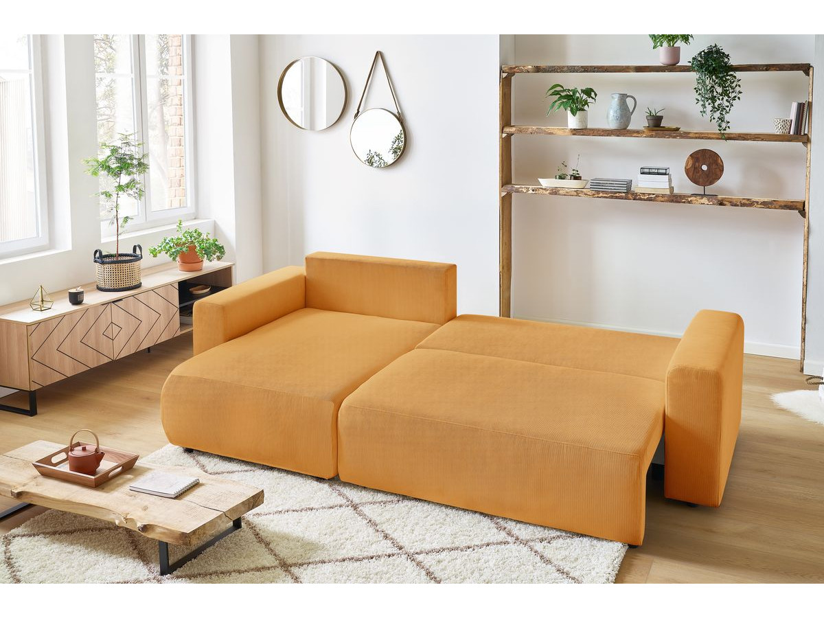 Bobochic Envy Ecksofa mit Schlaffunktion und Bettkasten und Pouf Cordsamt Gelb