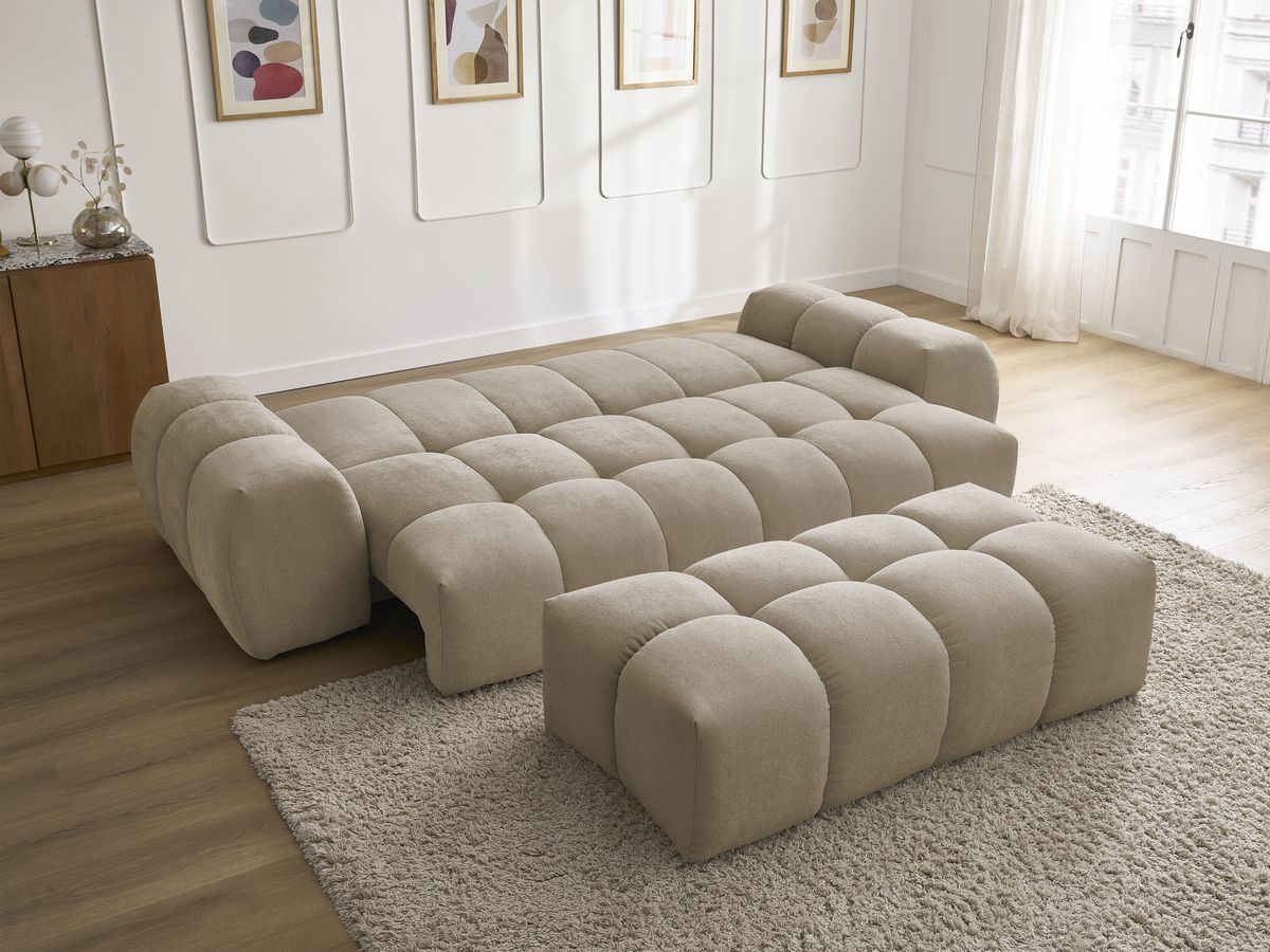 Bobochic Everest Schlafsofa 3-Sitzer mit Bettkasten und Pouf, 2 Kissen Strukturstoff Taupe
