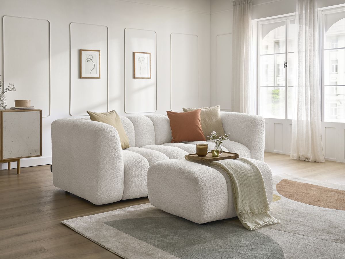 Bobochic Talia Sofa 3-Sitzer mit Pouf Bouclé-Stoff Weiß