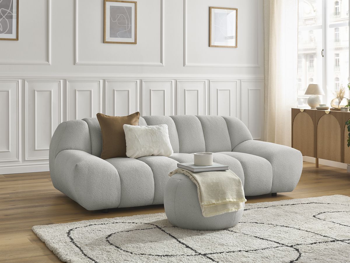Bobochic Hayden Sofa 3-Sitzer mit Pouf 226 × 107 cm Bouclé-Stoff Hellgrau