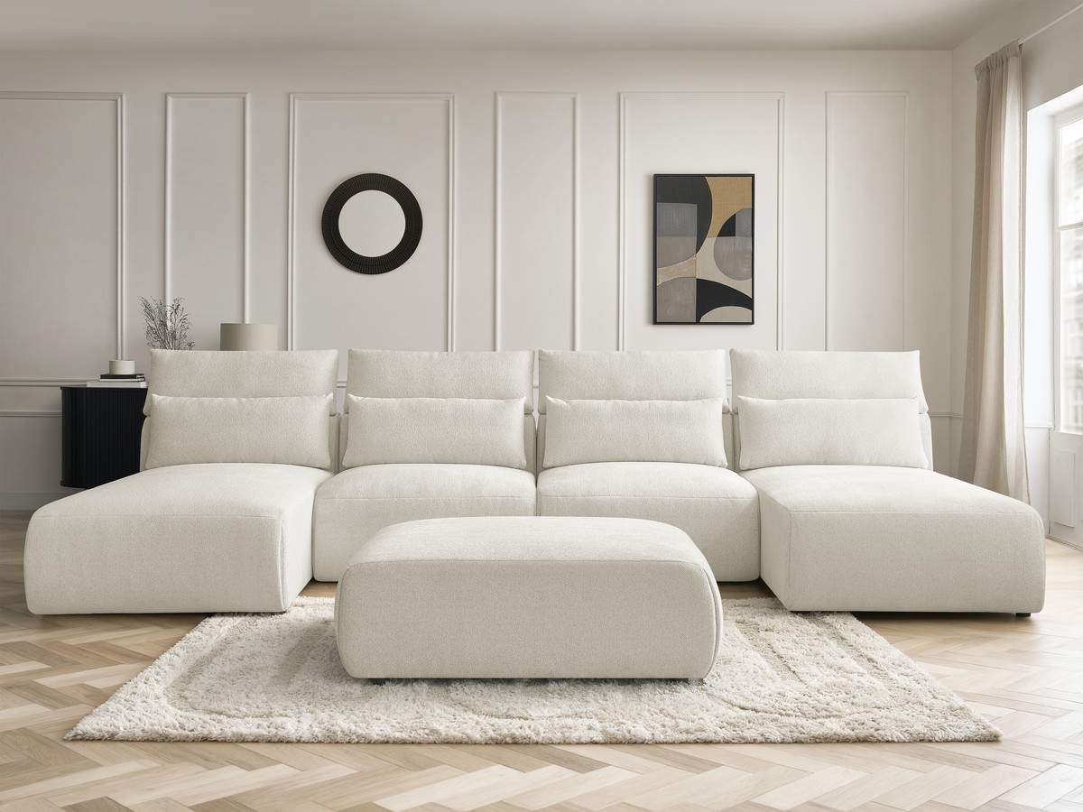 Bobochic Jana Wohnlandschaft mit großem Pouf Melange-Stoff Weiß