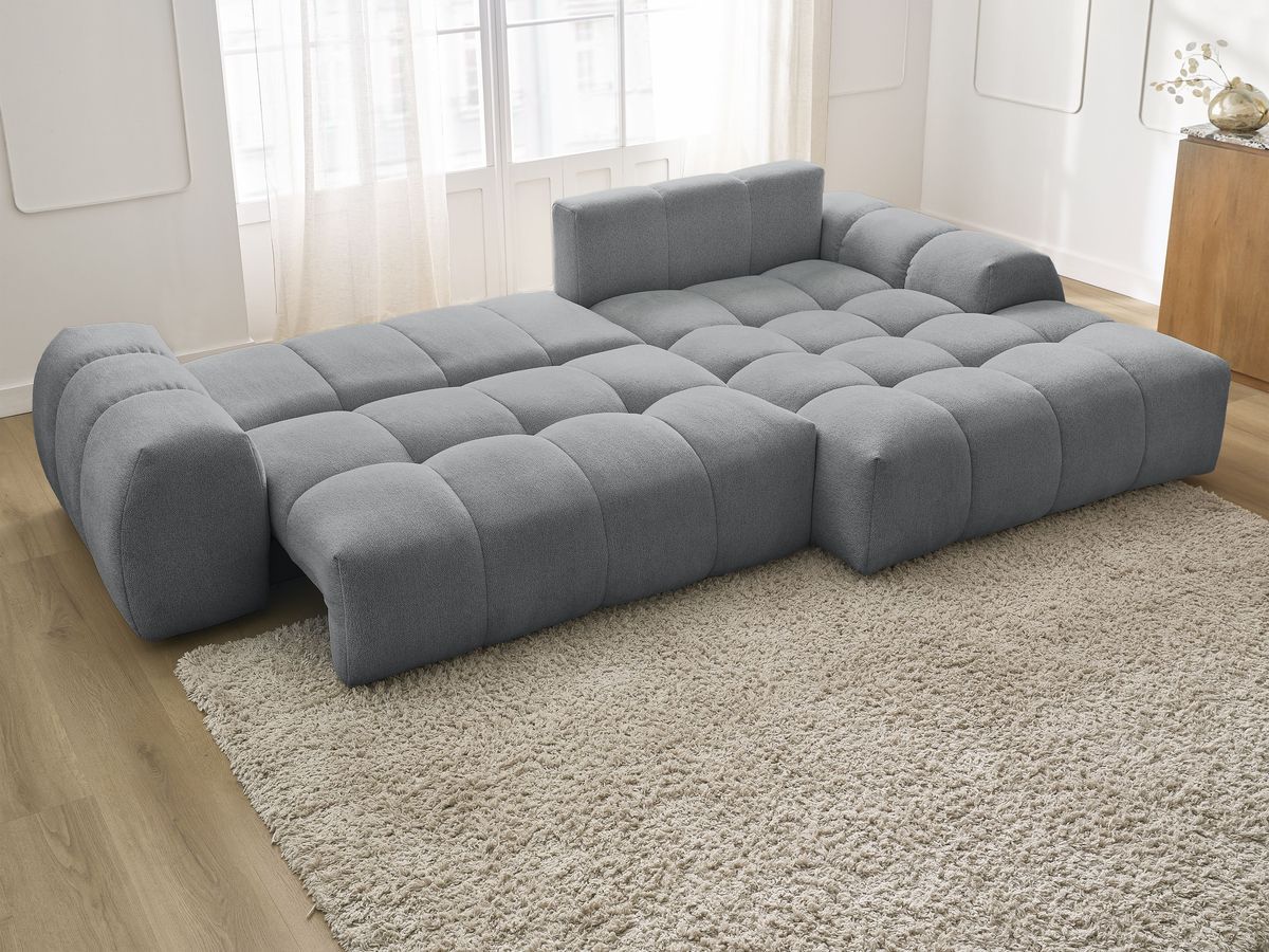 Bobochic Everest Ecksofa mit Schlaffunktion und Bettkasten 318 × 180 cm, 3 Kissen Melange-Stoff Dunkelgrau Ecke rechts