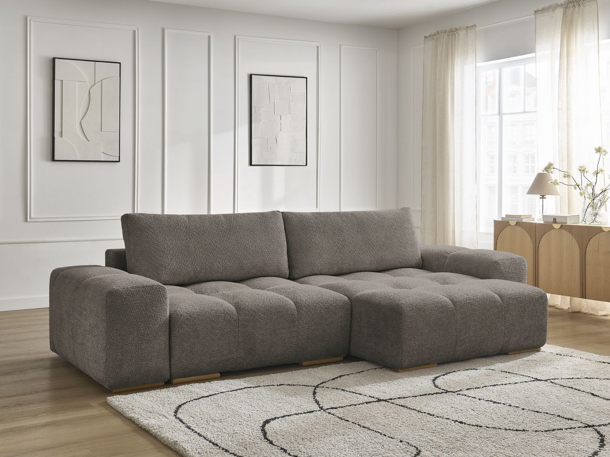 Bobochic Anakin Ecksofa mit Schlaffunktion und Bettkasten, 2 Kissen Bouclé-Stoff Braun