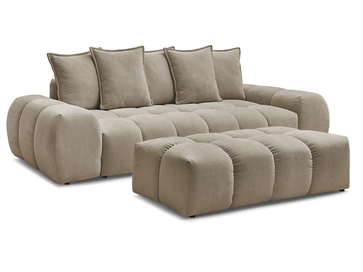 Bobochic Everest Schlafsofa 3-Sitzer mit Bettkasten und Pouf, 5 Kissen Strukturstoff Taupe
