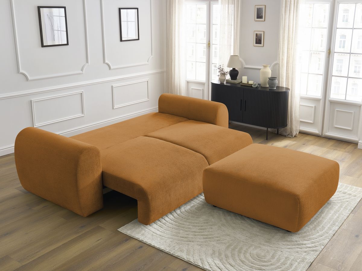 Bobochic Lucien Schlafsofa 4-Sitzer mit Bettkasten und Pouf Stoff Gelb