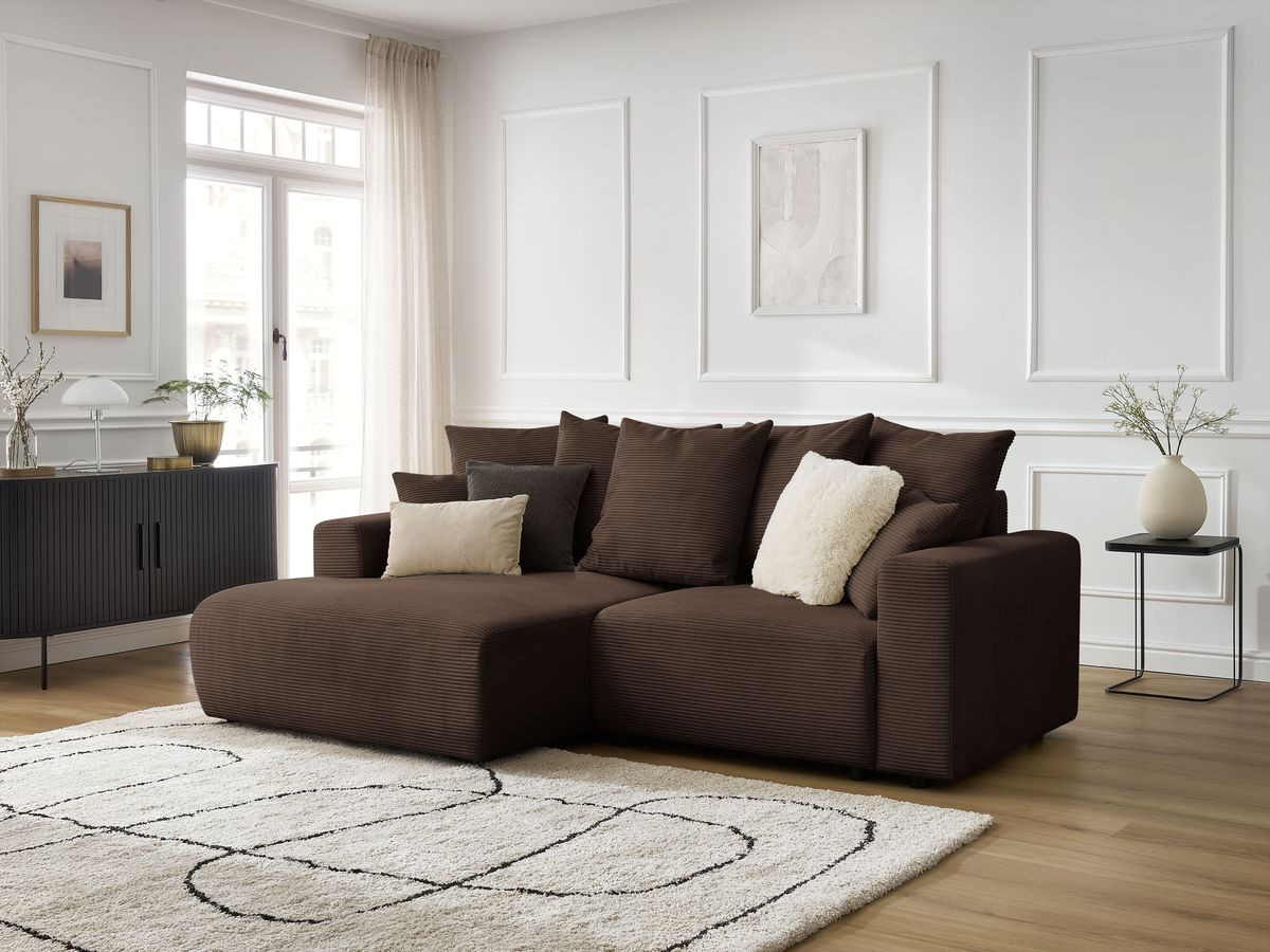Bobochic Atilla Ecksofa mit Schlaffunktion und Bettkasten Cordsamt Braun Ecke links