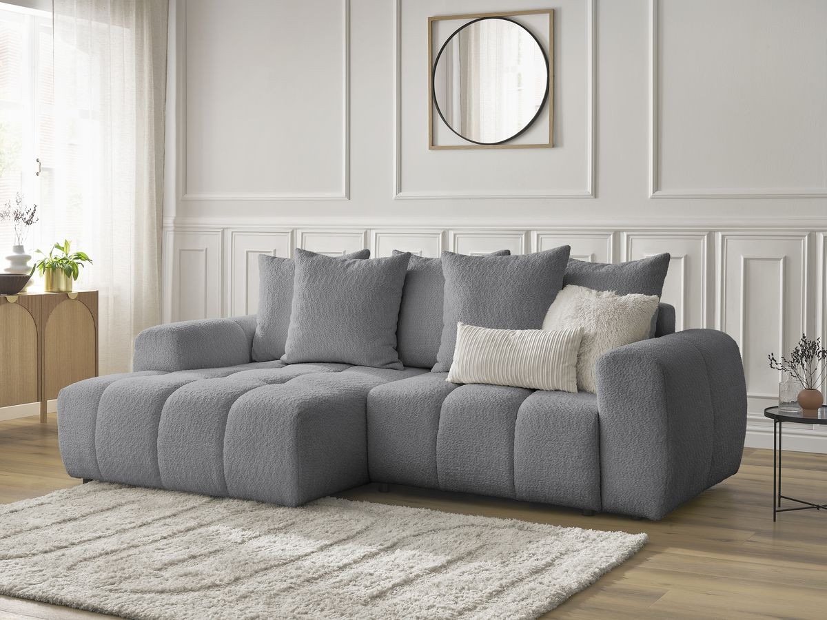 Bobochic Roxelane Ecksofa mit Schlaffunktion und Bettkasten 258 × 150 cm Bouclé-Stoff Dunkelgrau Ecke links