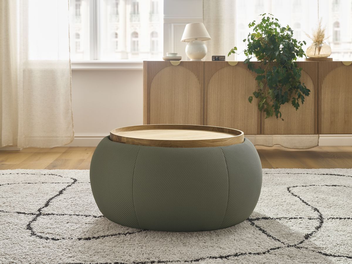 Bobochic Hayden Pouf mit Tablett, rund Mesh-Stoff Grün, 77 cm