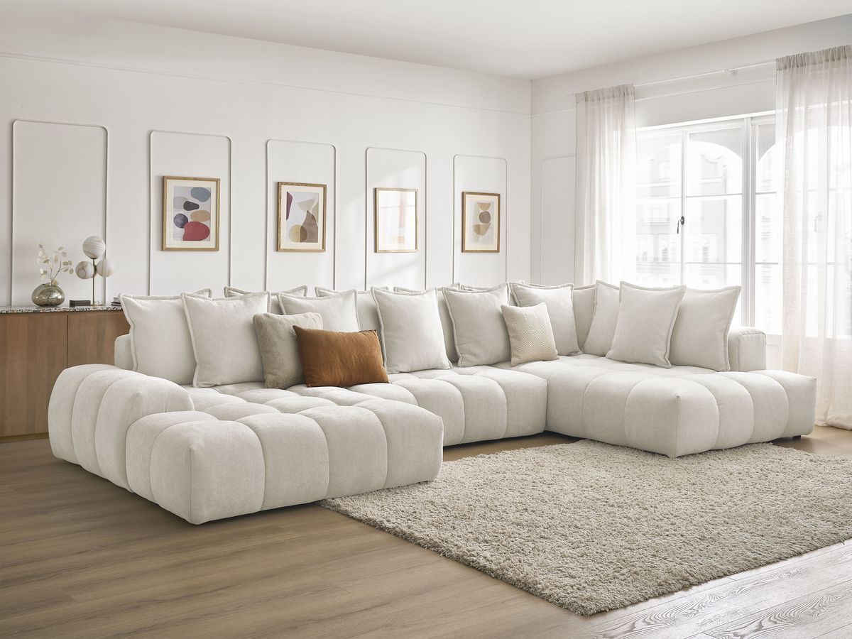 Bobochic Everest Wohnlandschaft, 14 Kissen Strukturstoff Weiß Ecke links