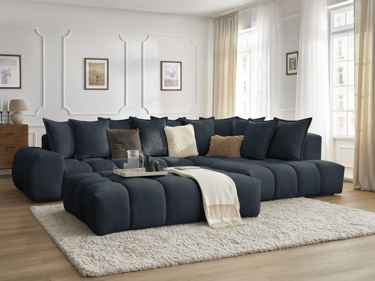 Bobochic Everest Ecksofa mit Schlaffunktion und Pouf, 10 Kissen Strukturstoff Dunkelblau Ecke rechts