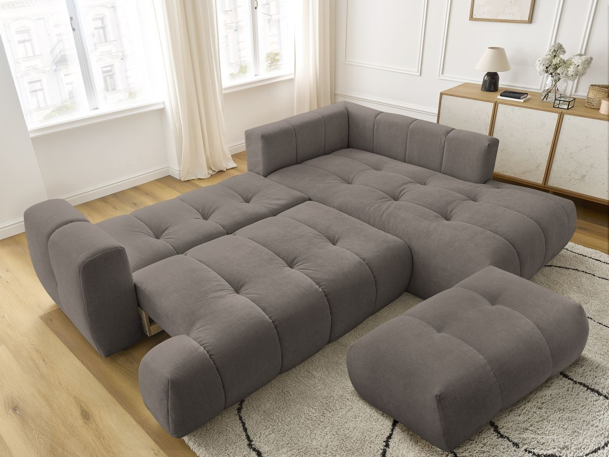 Bobochic Fuji Ecksofa mit Schlaffunktion und Bettkasten und Pouf 282 × 204 cm Stoff Taupe Ecke rechts