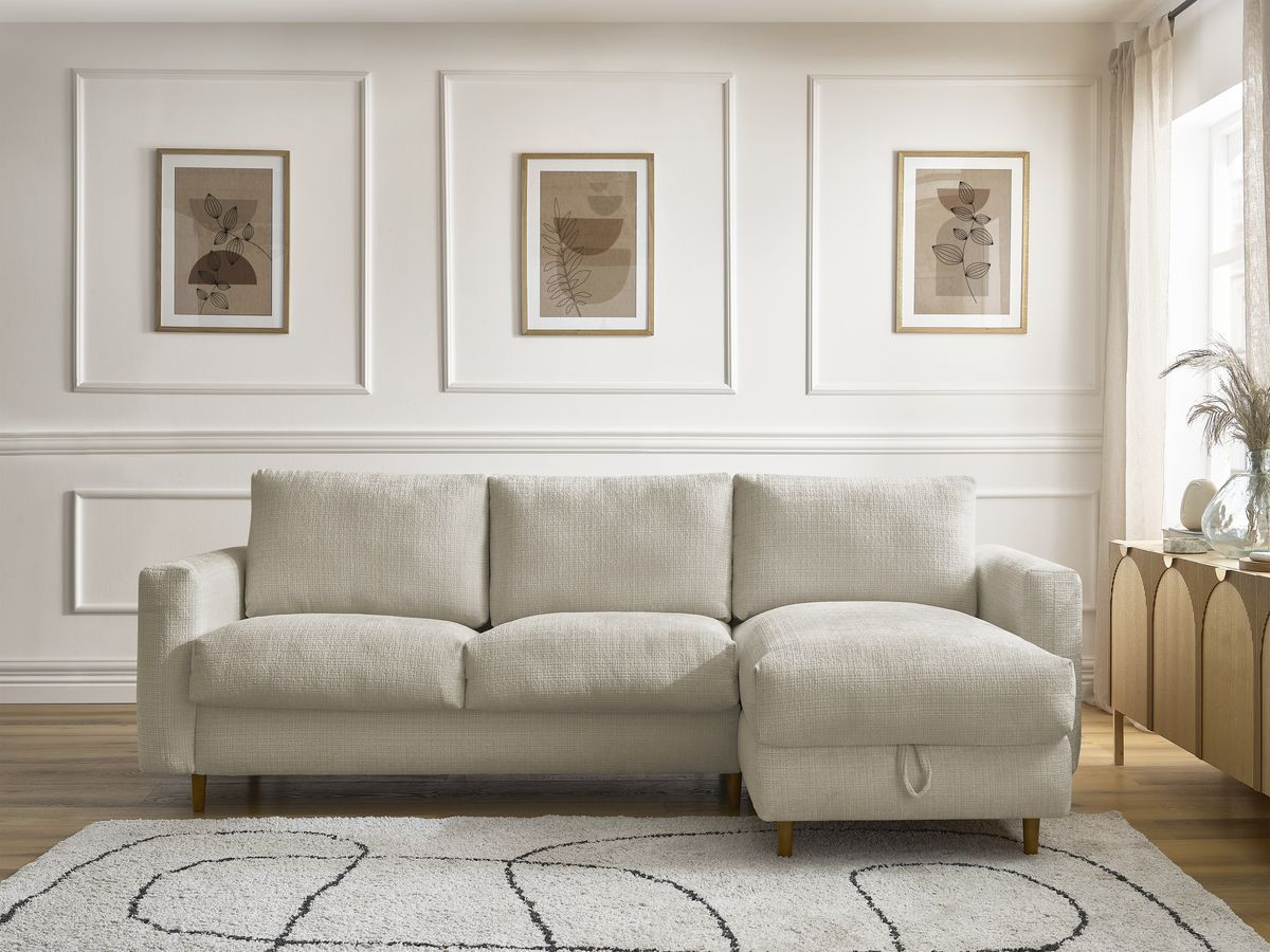 Bobochic Cocoone Ecksofa mit Schlaffunktion und Bettkasten Strukturstoff Beige, Liegefläche 160 × 200 cm