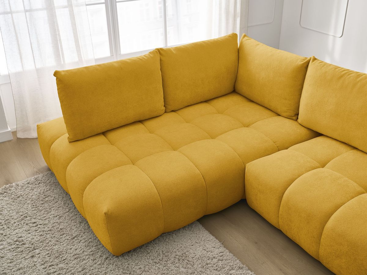 Bobochic Everest Ecksofa mit Schlaffunktion und Bettkasten 320 × 212 cm, 5 Kissen Strukturstoff Gelb Ecke links