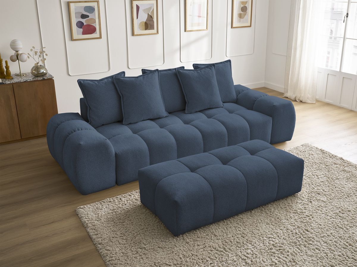Bobochic Everest Sofa 3-Sitzer mit Pouf, 5 Kissen Melange-Stoff Dunkelblau